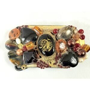 Vintage Scorpio Zodiac Belt Buckle Handmade Gemstone Beads Gold Black OOAK